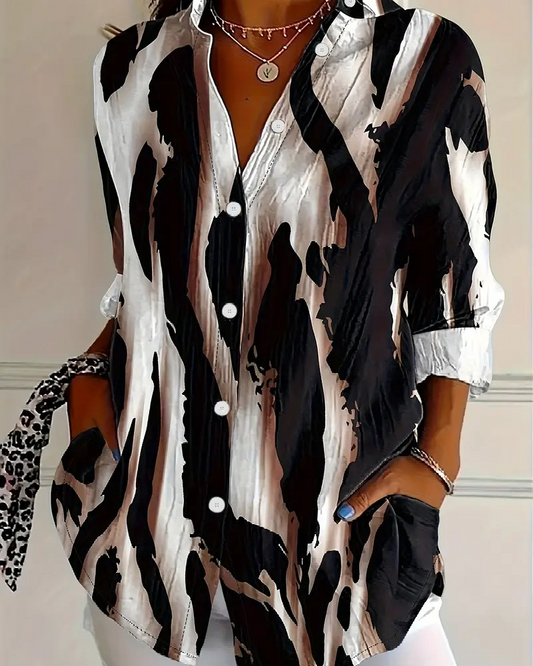 Telyra - Blouse Col Montant Imprimé Irrégulier