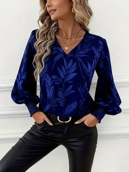 Heliviennea - Blouse Élégante À Manches Longues Imprimé Feuilles