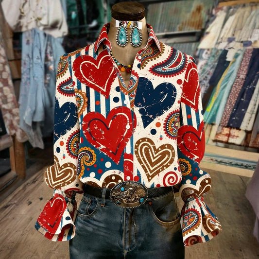 Rilyssa - Blouse Vintage avec Imprimé Cœurs