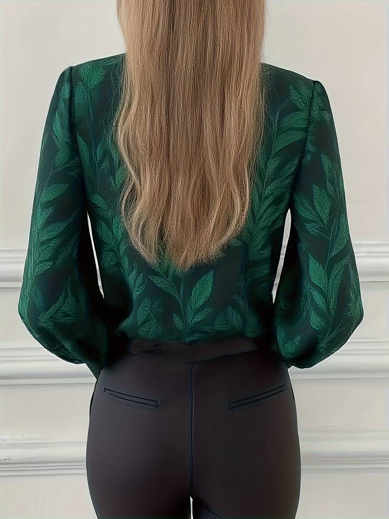 Heliviennea - Blouse Élégante À Manches Longues Imprimé Feuilles
