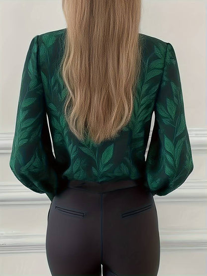 Heliviennea - Blouse Élégante À Manches Longues Imprimé Feuilles